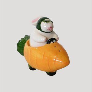 Clay Art Rabbit Racer Salt Pepper Shakers Vintage 1990s Bunny Carrot Ceramic